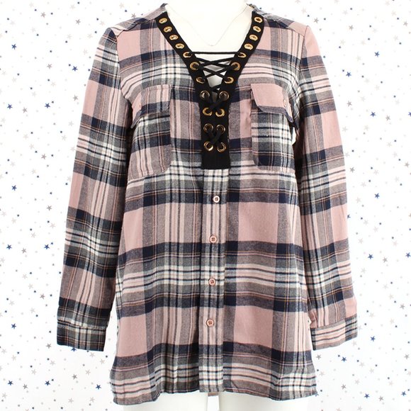 Mauve Navy Lace Up Front Plaid Top - Picture 2 of 9